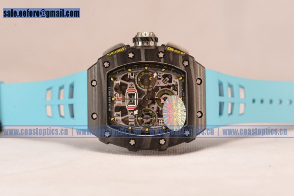 1:1 Clone Richard Mille RM 11-03 Carbon Case With Chronograph 1:1 Clone Black Dial Blue Rubber Strap